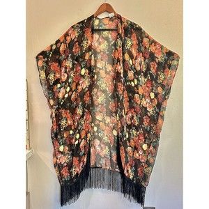 One Size  Black Rose Print Monroe‎ Sheer Fringe Hem Open Kimono Cardigan